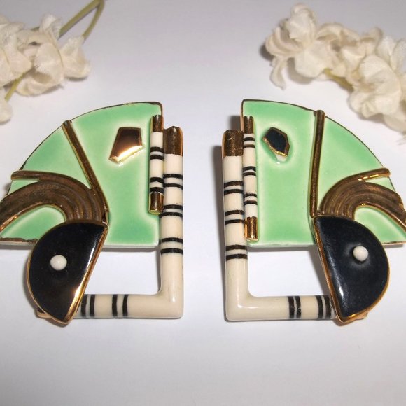 Vintage Jewelry - VINTAGE Earrings, Green Earrings, Porcelain Earrings, Art Deco Earring, 7691